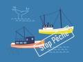 Fishing trawlers in open sea flat vector illustration. Commercial whaling boats and huge whale tail in ocean. Whaler occupation, fisher profession concept. Professional fishery business.